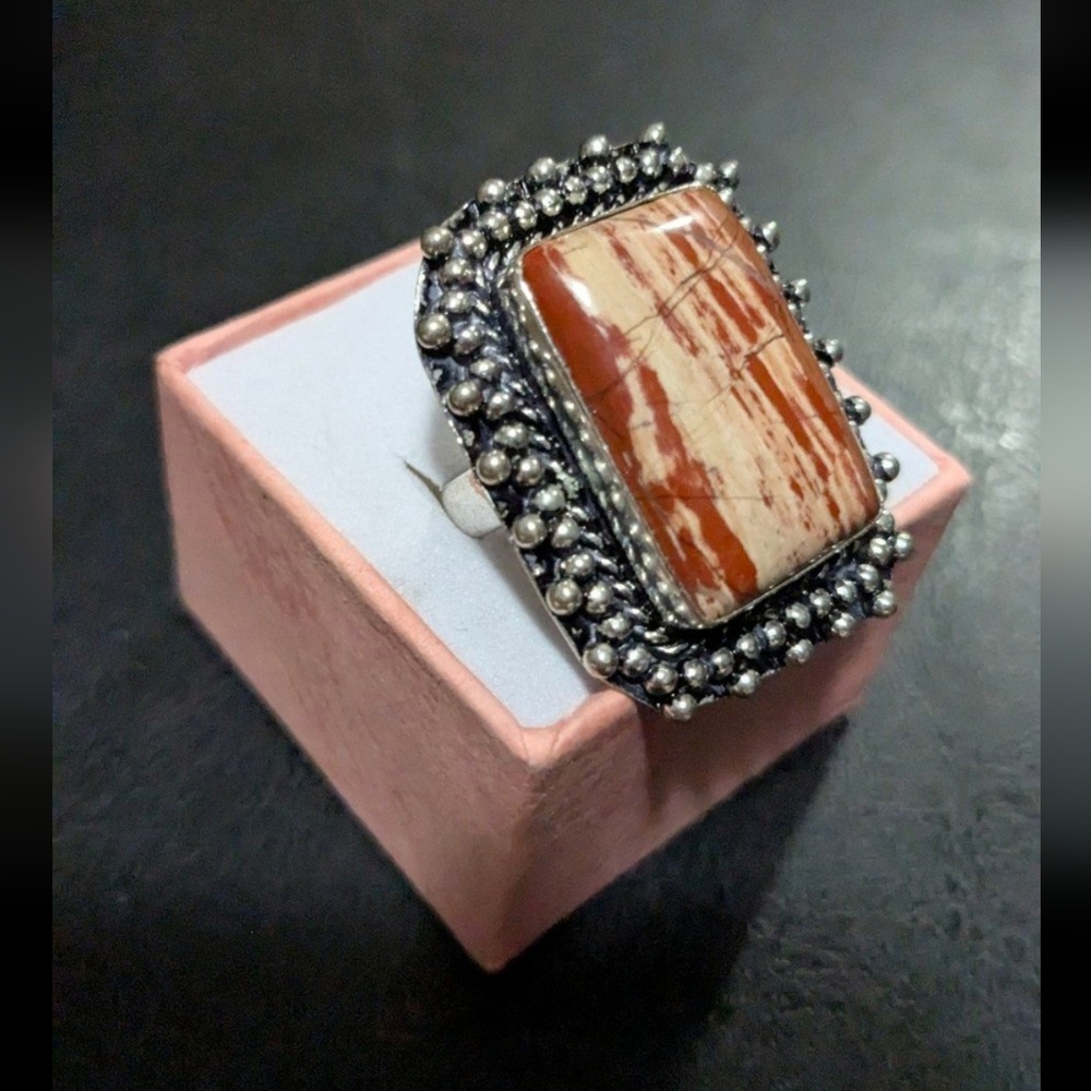 Handcrafted Red Rainbow Jasper Oversized Rectangular Ring  (7.75)